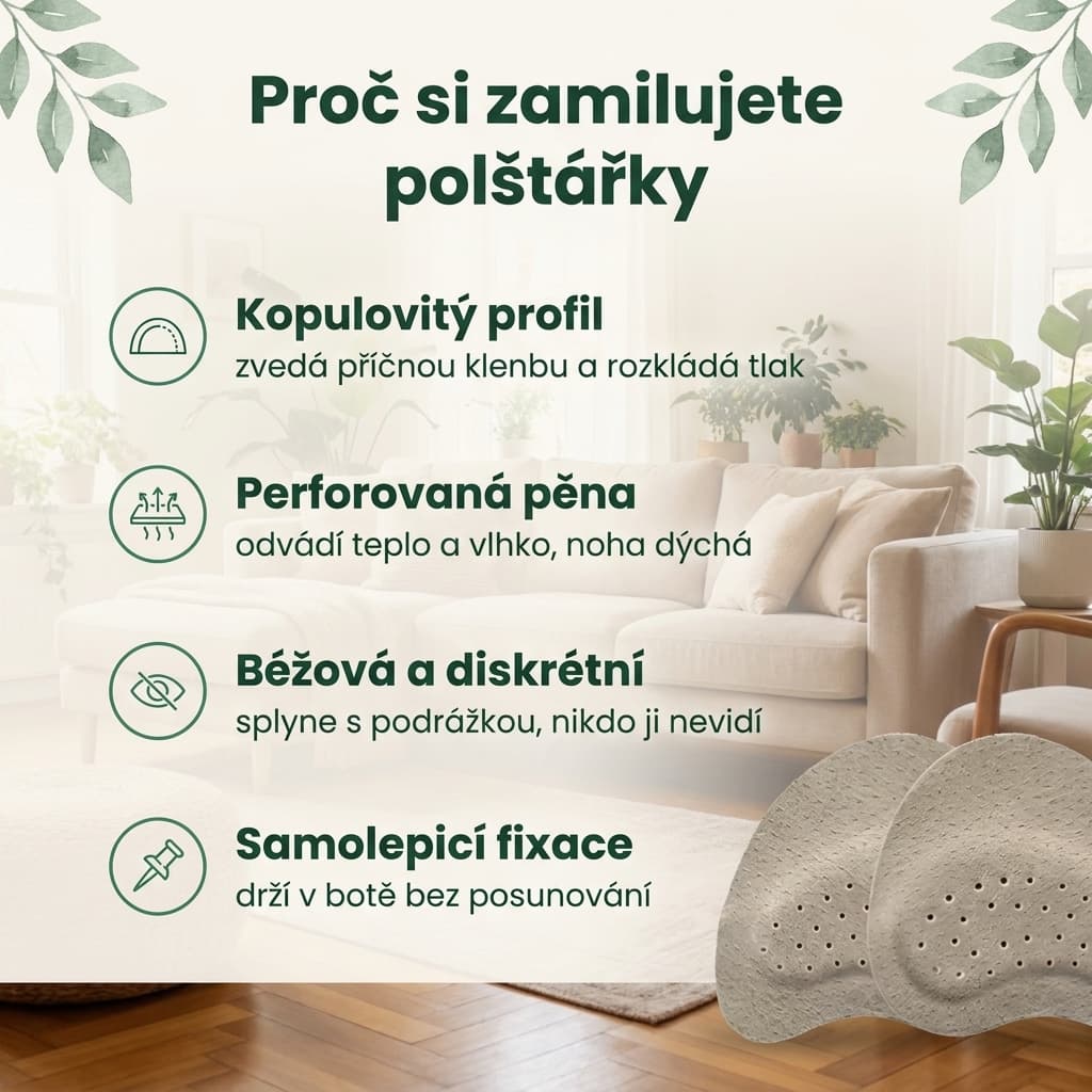 Polštářek pod přední část chodidla – kopulovitý profil, perforovaná pěna a samolepicí fixace